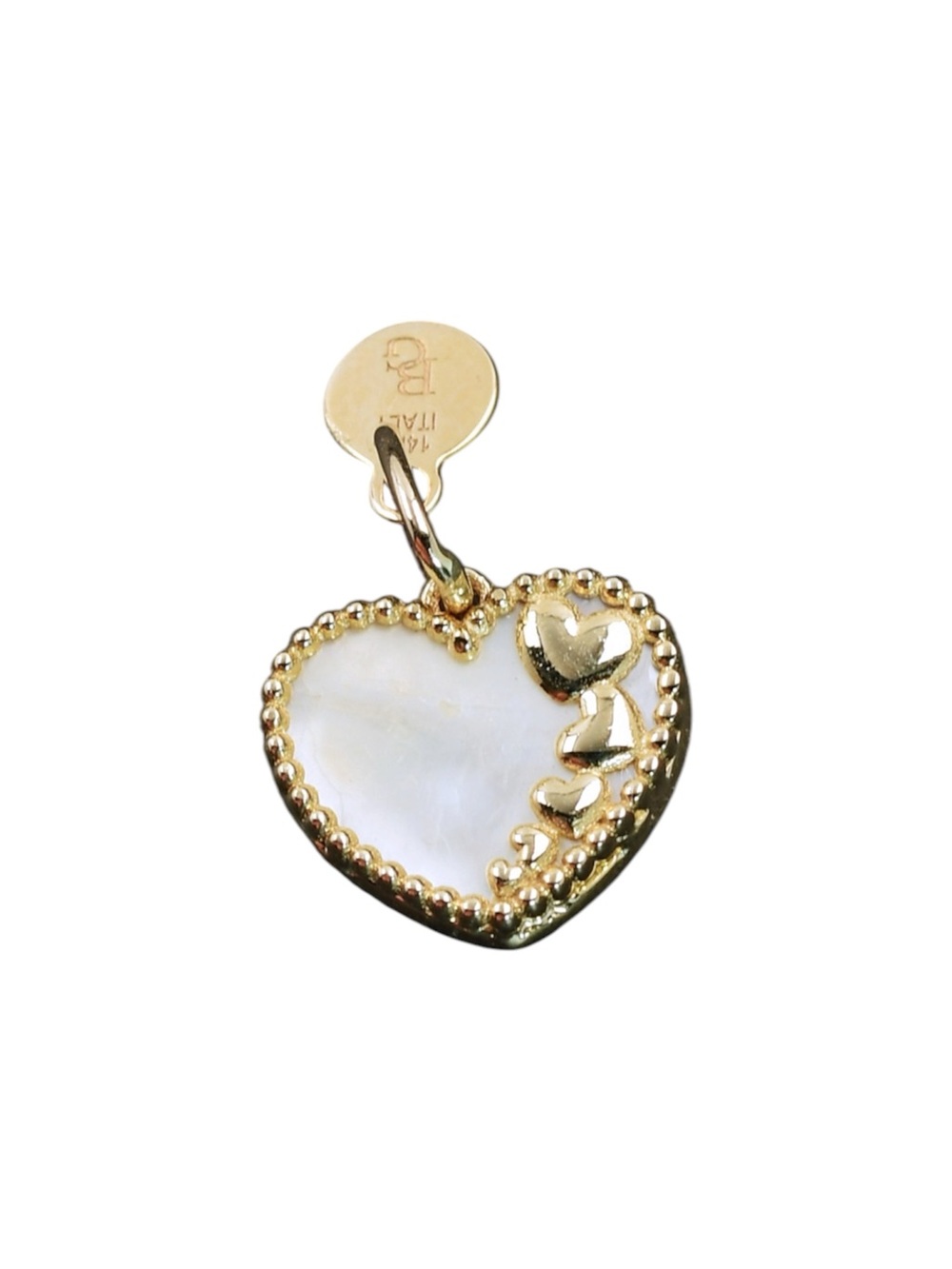 14K Solid Yellow Gold Mother Of Pearl LOVE Heart Charm